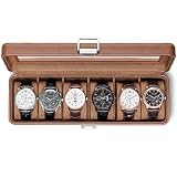 VLANDO Watch Box for Men, 6 Slot Watch Case with Glass Lid, Brown