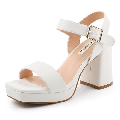 JOY IN LOVE Women's Chunky Platform High Heels Ankle Strap Block Heel Sandals White Matte US7.5