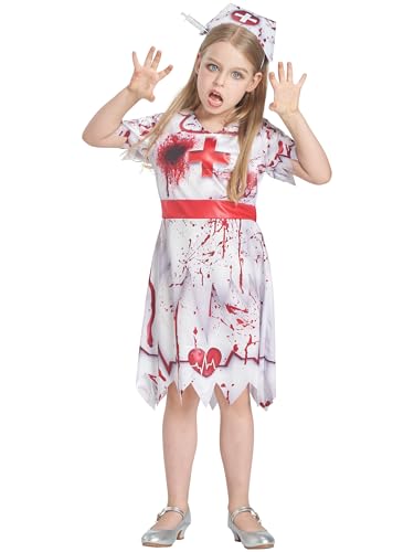 IKALI Mädchen Zombie Krankenschwester Kostüm, Halloween Fancy Outfit Krankenhaus Arbeiter blutige Uniform 7-8 Jahre