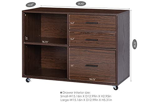 Spirich Office Lateral File Cabinet With 3 Drawers, Wood Mobile Lateral Filing Cabinet On Wheels, Printer Stand With Open Storage Shelves For Home Office, Walnut #TOP1