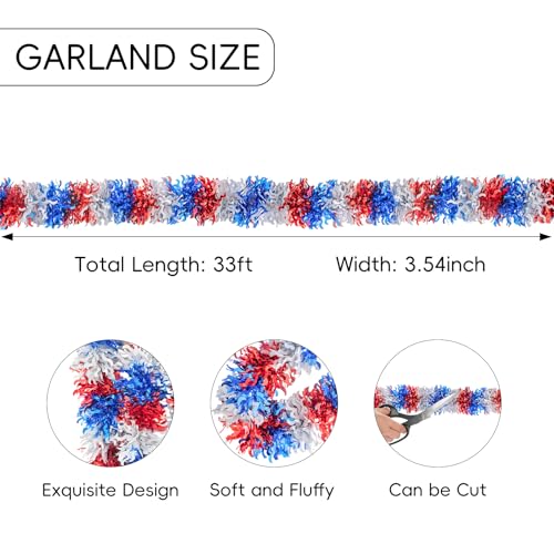 Image of 33FT 4th of July Patriotic Tinsel Garland Red White Blue Glitter Metallic Twist Foil Tinsel Garland for Independence Day Memorial Day Party Door Tree Indoor Outdoor Decoration