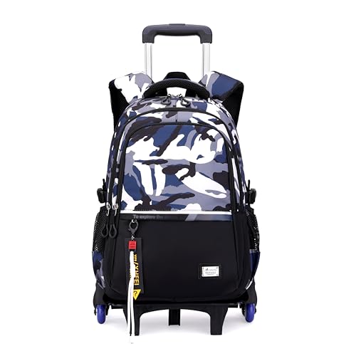 MITOWERMI Mochila infantil com rodinhas para meninos e adolescentes, mochila escolar com rodinhas, Camuflagem azul 6 rodas, 6-Wheel, Mochilas de viagem