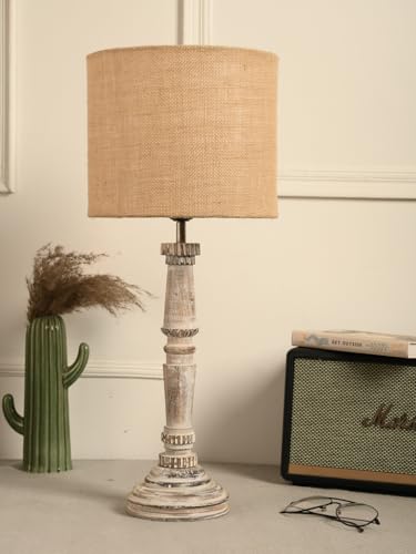 Image of Green Girgit Empire Wooden Lamp in Distress White Color with Jute Brown Lamp Shade, Reading & Bedside Table Lamp, Home & Living Room Decor