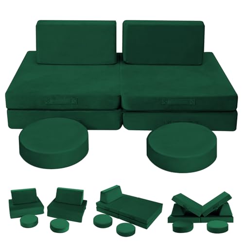 Image of MeMoreCool Kids Couch, 8-Piece Modular Toddler Play Couch in Green, Convertible Foam Sofa Fort Builder Set with Machine Washable Plush Cover for Playroom Bedroom, Ages 1-5