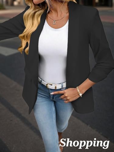 Mina Self Women's 3/4 Sleeve Blazers Ruched 2025 Fall Shawl Collar Open Front Casual Trendy Work Office Jackets Pockets 5
