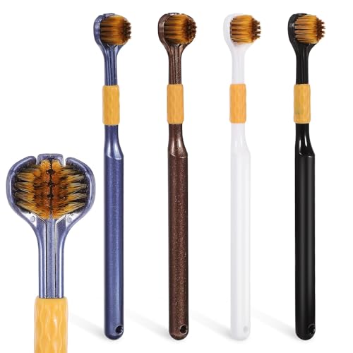 IMIKEYA 4 cepillos de dientes suaves para múltiples caras con alambre de carbono dorado, cerdas suaves, agarre cómodo, limpieza a fondo para adultos, viajes y uso doméstico