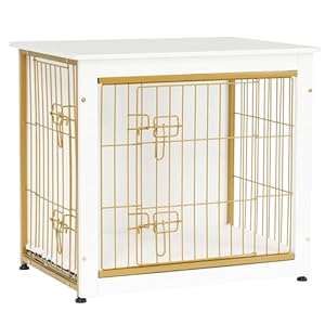 DWANTON Dog Crate Furniture with Cushion, Wooden Kennel Table with Double Doors, Indoor Dog House, Small/Medium/Large Size, 27.2″ L, White