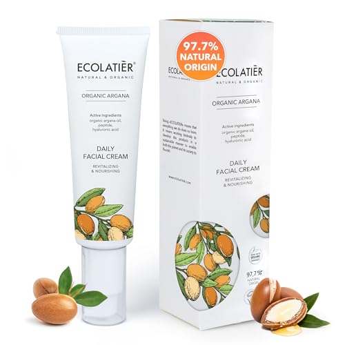Daily Face Cream with Organic Argan Oil – Revitalizing & Nourishing, Moisturizer with Hyaluronic Acid & Vitamin E, Vegan, 97.2% Natural Ingredients, 1.7 Fl Oz - ECOLATIER