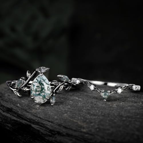 Pear Cut Moss Agate Engagement Ring Set for Women 1.5CT Natural Moss Agate Wedding Ring Set Sterling Silver 10K 14K 18K Gold Bridal Rings Set Size 4-123