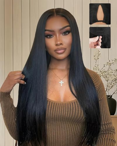 sterly V Part Wigs Human Hair 200% Density Straight Upgrade U Part Human Hair Wigs with Drawstring No Leave Out No Sew Glueless Clip In Half Wig Human Hair (Natural Black 18 Inch)
