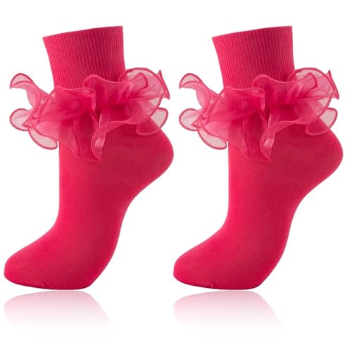 Image of Women Big Ruffle Ankle Socks Adult Double Lace Frilly Turn Cuff Dress Socks Cotton Cute Fancy Bobby Crew Socks