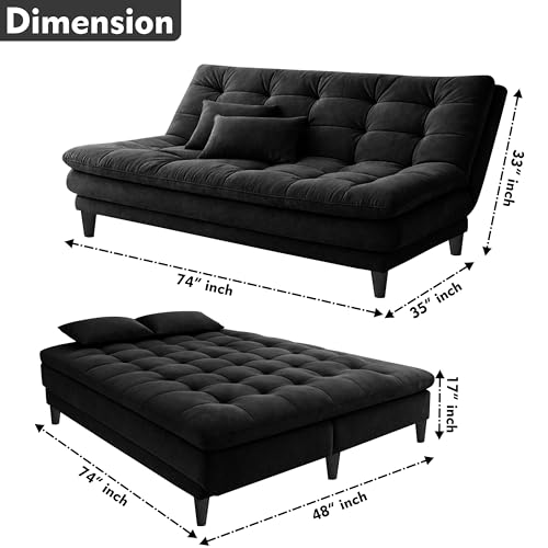 Image of Modern 3 Seater Sofa Cum Bed | Tufted Backrest | Velevt Fabric Upholstery | Living Room Furniture-Black