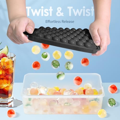 Image of WIBIMEN Ice Cube Tray with Lid and Bin, 0.8 inch Round Ice Trays for Freezer | 2 Black Ice Cube Trays with Ice Box & Tong, 0.8 inch Round Ice Balls for Iced Coffee & Juice, Easy Twist Release, For Gatherings