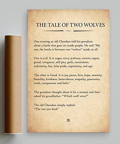 The Tale Of Two Wolves Poster Large 16" X24"; Cherokee Native American Wall Art; Vintage Print; Power Of Mindset; Positive Inspirational; Motivational Quote For Home Office Wall Decor (Unframed) #TOP3