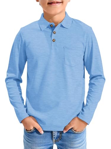 Haloumoning Boys Long Sleeve Polo Shirts Kids Casual Button School Uniform Shirts with Chest Pocket 5-14 Years Sky Blue