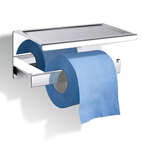 GEMITTO Portarrollos Baño Acero Inoxidable SUS304 Soporte para Papel Higiénico con Estante de Almacenamiento, Porta Rollos para Baño Plata Tubo Cuadrado