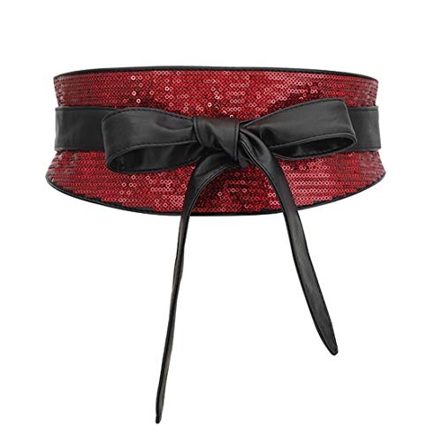 shengweiao Women's Sequin Faux Leather Self Tie Wrap Obi Waist Belt (Red)