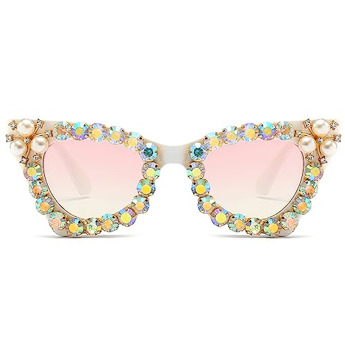 LJCZKA Sparkling Crystal Cat Eye Sunglasses Women Square Rhinestone Pearl Sun Glasses Party Diamond Bling Punk Eyewear