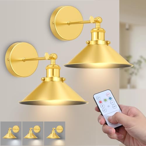 Image of Gold Battery Operated Wall Sconce Set of 2,Vintage Wireless Wall Sconces with Remote,Dimmable Led Wall Lights,Wall Lamp Fixture Indoor Bedroom Living Room Kitchen,LED Bulbs Included