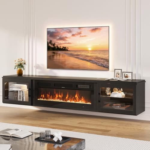 Image of 80 inch Floating TV Stand with Fireplace, High Gloss Finish Wall Mounted Fireplace Entertainment Center with Storage for TVs Up to 90 inch, Black