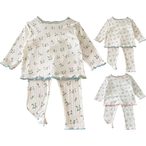 Kids Girls Ribbed Knit 𝐏ajamas Set Flower Long Sleeve Lightweight Shirts Elastic Waist Pants Set Casual 𝗦leepwear