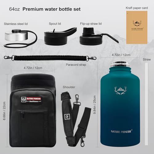 Image of NATURE PIONEOR 64 oz Insulated Water Bottle with Carrier Bag & 3 Lids