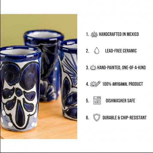 Image of Talavera Shot Glasses Set of 4 Authentic Mexican Tequila Shot Glasses - Hand-painted - 2 Oz (Classic Talavera Blue)