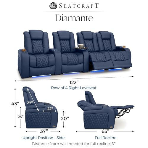 Image of Seatcraft Diamante Navy Blue Italian Leather Home Theater Seating, Zero Gravity Power Recliner, Gaming and Home Office Chair, Powered Headrest Furniture for Cinema Room, Row of 4 Right Loveseats