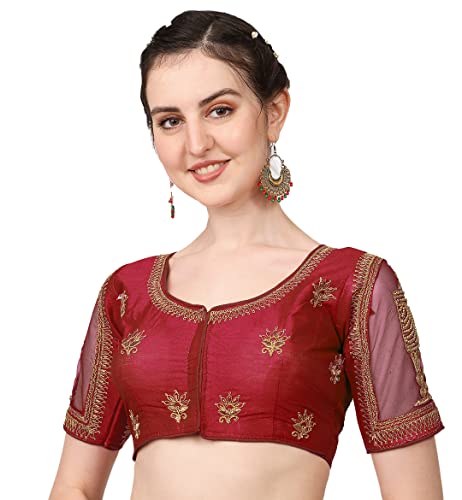 Pujia Mills Women Multicolor Embroidery Mesh Back Khatli Sequence Work Sleeves Ghost Design Silk Blouse Ready for Sari and Lehenga Choli, Dark Red, 38