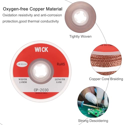 Image of MECCANIXITY Solder Wick Braid No-Clean Desoldering Wick Braid 0.08 Inch Width 10 Feet Length for Remove the Solder Electrical Components 3 Pack