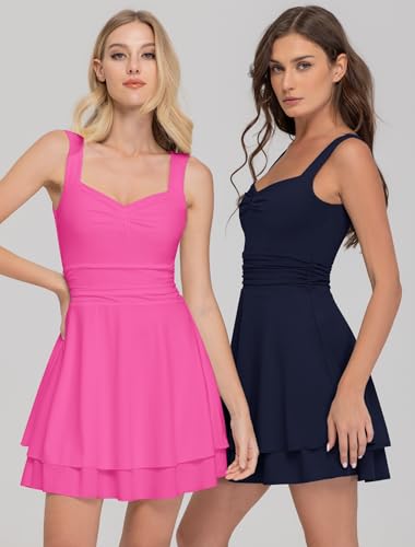 Image of IWD Women's Square Neck Sleeveless Mini Dress Ruched Waist Tiered Ruffle Hem A Line Short Dresses