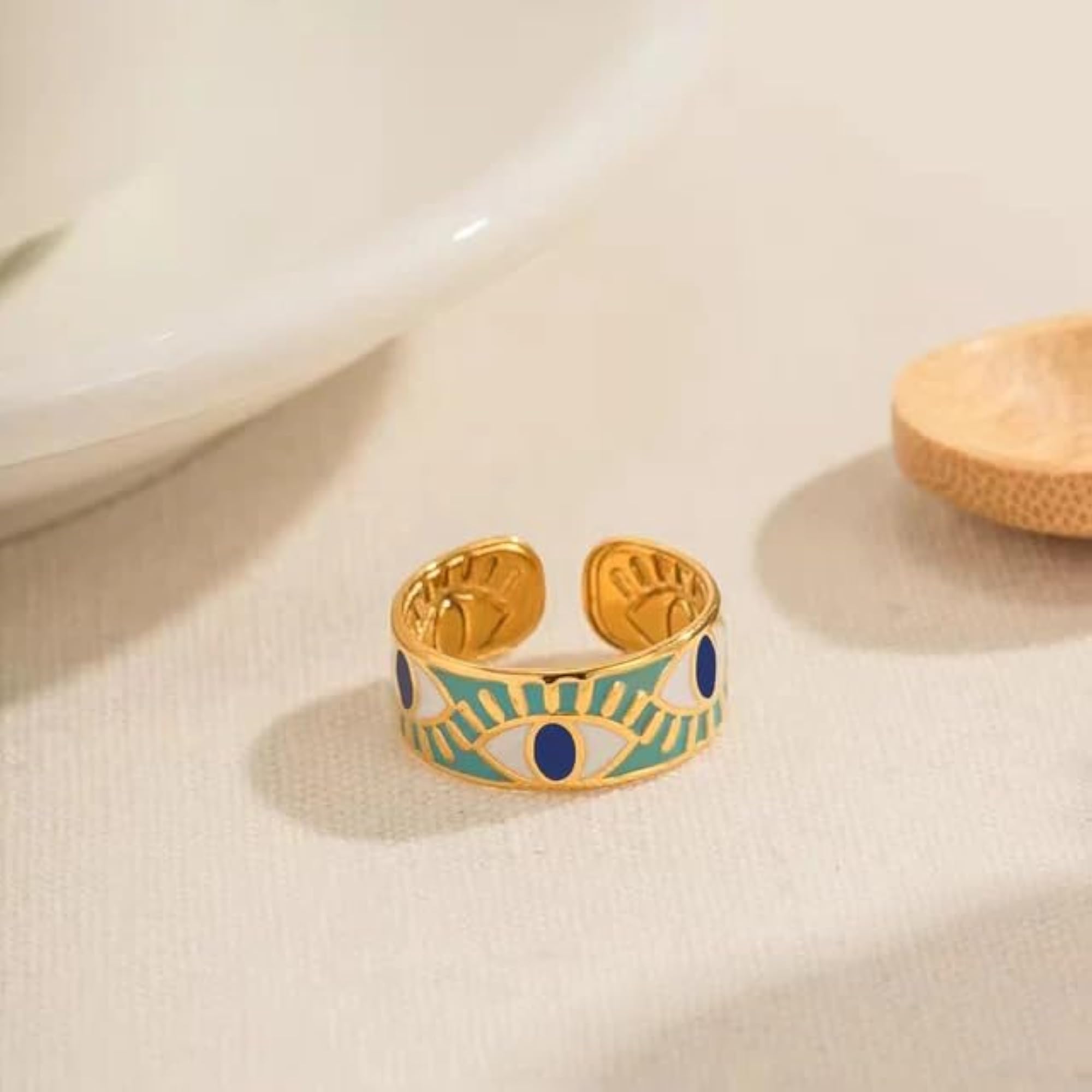 Women's Evil Eye Adjustable Ring, 18K Gold Plated Enamel Design