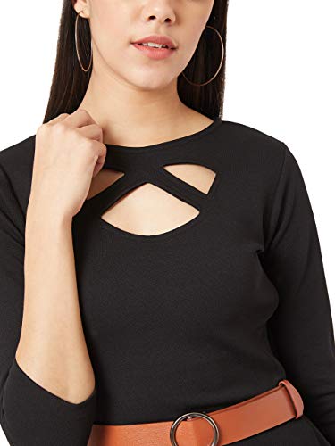 Image of Miss Olive Women's Black Solid Skater Knee-Long Belted Cut-Out Dress
