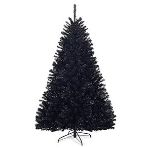 Goplus 6ft Unlit Black Christmas Tree, Artificial Halloween Tree with 1036 Branch Tips, Metal Stand, Xmas Full Tree for…