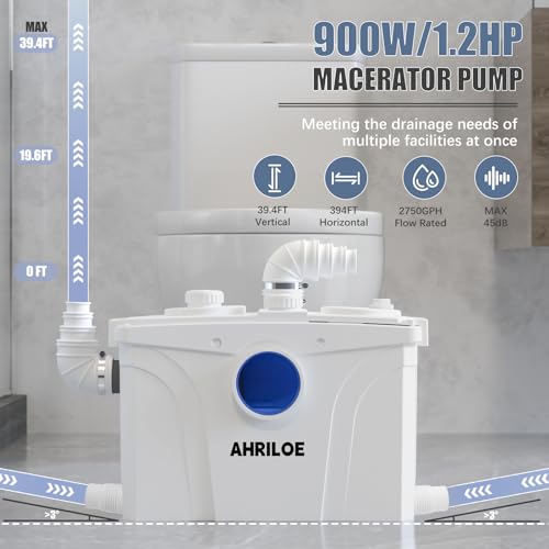 900W Macerator Pump, Macerating Toilet System with 2 Outlets/5 Inlets, Sewage Pump for Basement, Sink, Toilet, Laundry, Kitchen