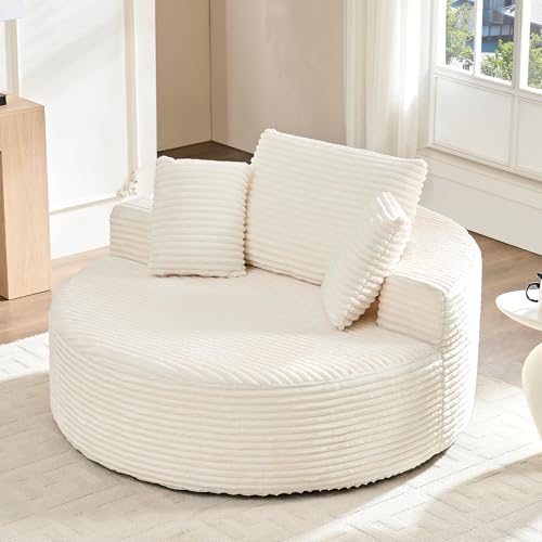 ijuicy Oversized Round Chair Lounge Chaise Indoor，Upholstered Corduroy Deep Seat Circle Sofa Chair，Modern Sleeper Sofa Bed No Assembly Required for Living Room/Bedroom/Apartment (Beige)