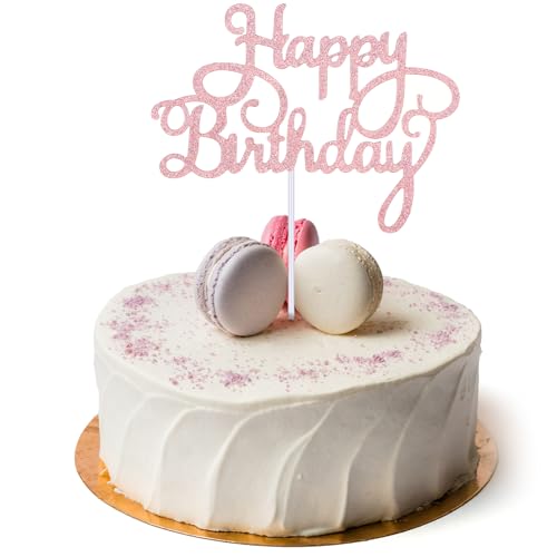 Piriuuo Tortendeko Geburtstag, „Happy Birthday“ Cake Topper Glitzer Cupcake Topper Party Kuchen Deko für Männer, Frauen, Junge, Mädchen (1 Stück, Roségold)