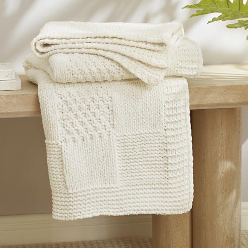 Amélie Home Checkered Chenille Knit Throw Blanket for Couch, Classic Texture Decorative Soft Blanket for Sofa, Chair & Bedroom, 60"x80", Ivory
