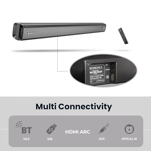 Image of ZEBRONICS ZEB-JUKE BAR 3800 PRO DOLBY Wireless Bluetooth Single Soundbar With Supporting Wall Mount, USB, AUX, Optical IN, HDMI ARC & Remote Control. (60 Watt, 2.0 Channel)