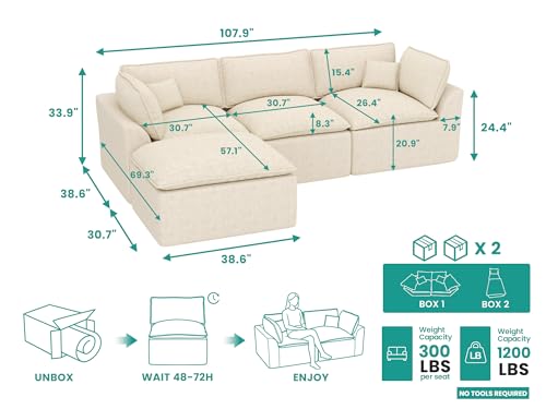 Image of 108 inch Corduroy Modular Sectional Sofa with Ottoman, Boneless Cloud Couch for Living Room, Convertible L-Shape Extra Deep Seat Floor Sofa, Beige