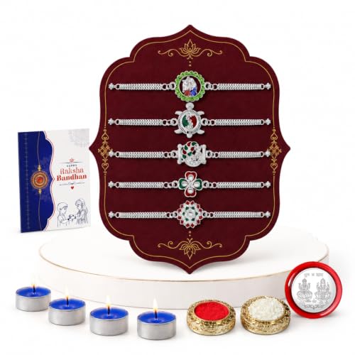 Image of Periapt Designer Rakhi Set of 5 for Brother - Silver Colour Bracelet Design with Decorative Tealight Candles 4pc, Pooja Coin, Roli Chawal & Card | Rakhi with Gift Combo for Raksha Bandhan