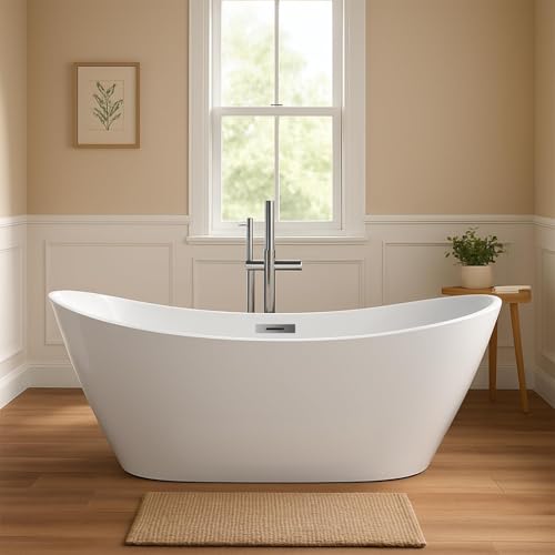 59" Acrylic Freestanding Bathtub, Glossy White Finish, Freestanding Tub with Chrome Drain & Overflow Cover, for Home Spa