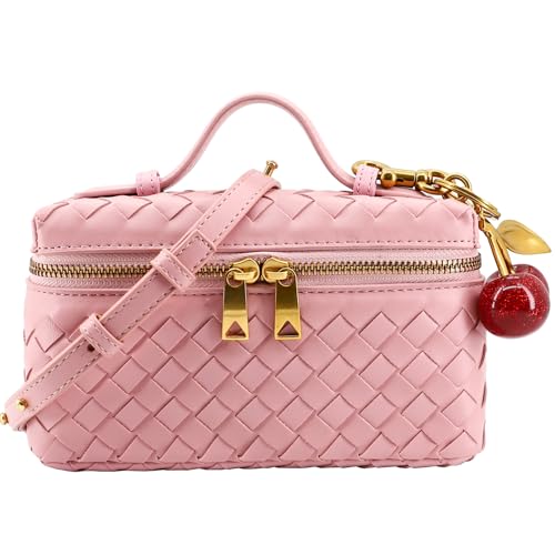 Image of Small Woven Box Crossbody Bags for Women Designer Leather Mini Top Handle Clutch Purse Square Vanity Bag with Cherry Charm