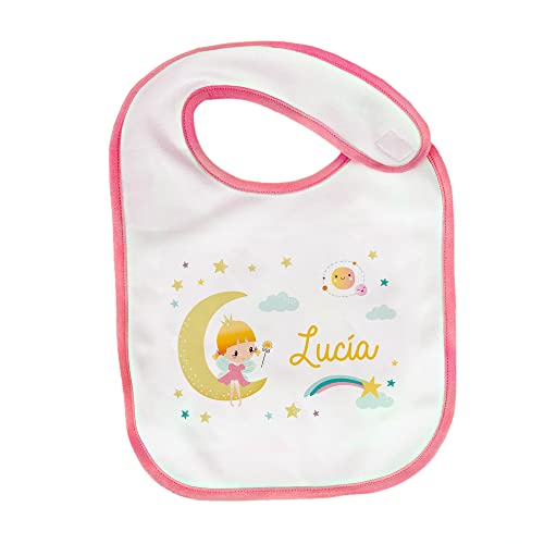 Fotoprix Babero personalizado bebé con foto y texto | Babero personalizado con el nombre del bebé | Algodón blanco con ribete de color rosa o azul y velcro de gran sujeción (Hada - Rosa) Cover