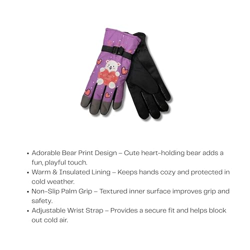 Purple Anti-Slip Warm Gloves – Cartoon Bear Print Winter Gloves for Girls4