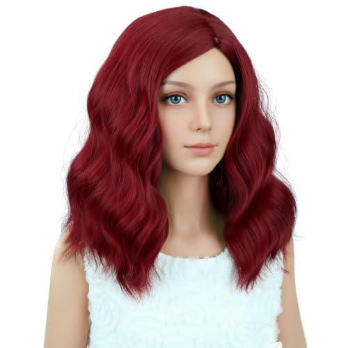 Image of PATTNIUM Wine Red Wig for Kids Girls Short Wine Red Wigs Side Part Shoulder Length Wavy Heat Resistant Synthetic Wig