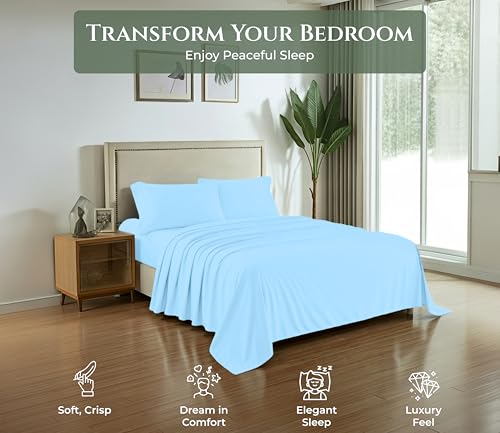 Image of ROYALE LINENS 100% Organic Cotton Full Sheet Set - 16 inch Deep Pocket Bed Sheets - Lake Blue Bed Sheets - Sabanas Full - 1 Flat, 1 Fitted & 2 Pillowcases - Lake Blue Sheet Set - Cotton Bedding Sets