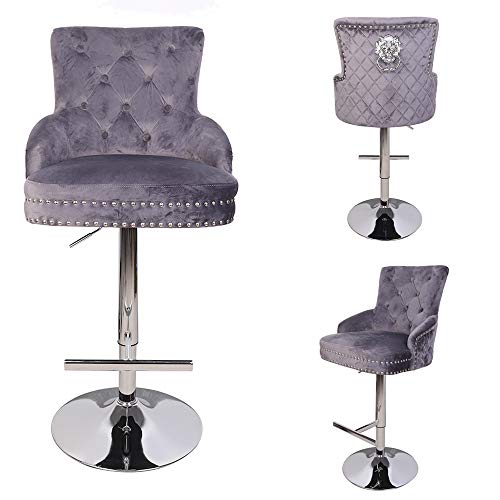 UKMASTER Taburete de Bar Terciopelo con Respaldo, Silla Comedor Terciopelo, Taburete Alto Cocina Giratorio con Reposapiés, para Hogar, Bar, Peluquería y Cafetería (Asiento de 43 x 40 cm, Gris)