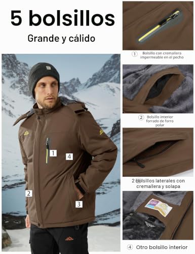 Miniatura 4 de Magcomsen Hombre Impermeable Abrigos Cálidos Al Aire Libre Chaqueta De Esquí Chaqueta A Prueba De Viento Para Hombre Chaquetas De Senderismo De Invierno Con Forro Polar Café, M