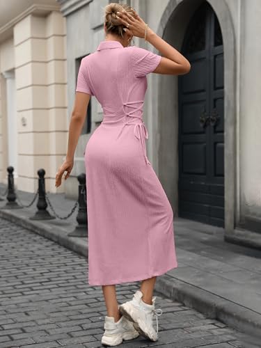Image of Shasmi Women's Solid Color Applique Lace-Up Collared Short Sleeve, Side-Tie Waist Long Casual Maxi Women Dress Outfit Long Evening Midi Western Party Dress for Women (Dress 211)